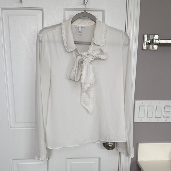 Nordstrom Tops - Nordstrom Leith White Collared Bow Ruffle White Blouse Top Shirt Long Sleeve